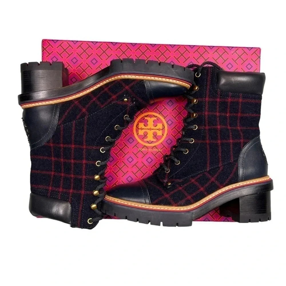 Tory Burch Womens Boots Miller 60MM Checked Wool Calf Leather Navy Size 8